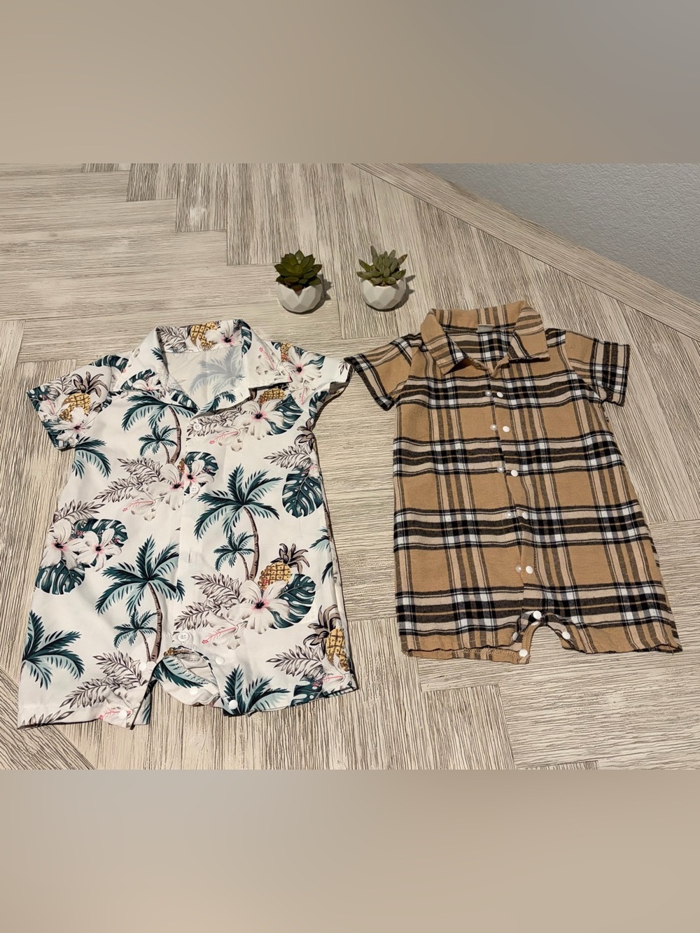 Tropical Leaf & Plaid Baby Romper Duo - White/Teal and Tan/Black